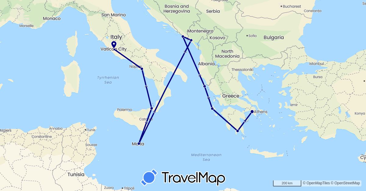 TravelMap itinerary: driving in Greece, Croatia, Italy, Montenegro, Malta (Europe)